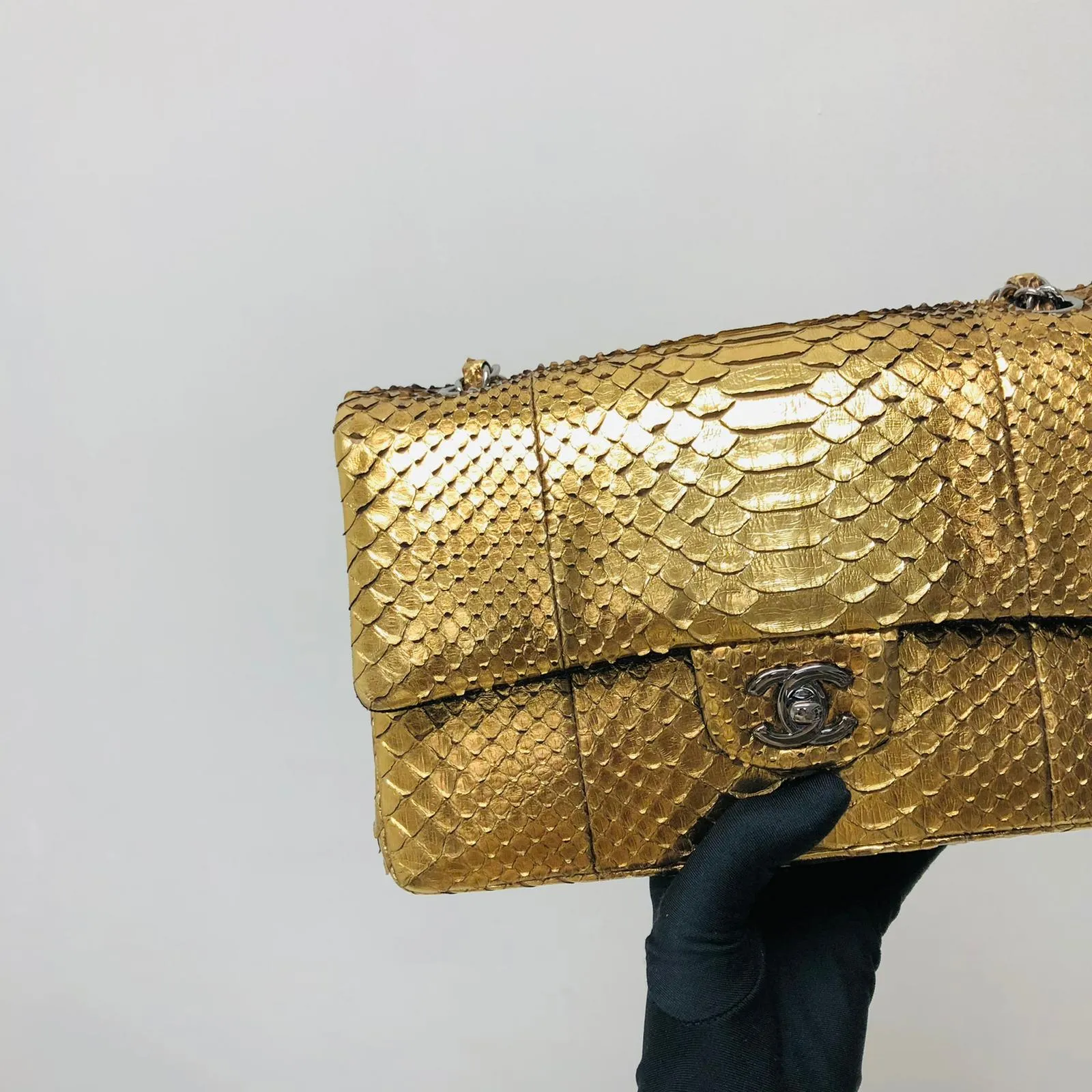 Classic Double Flap Gold M/L Python Bag with RHW