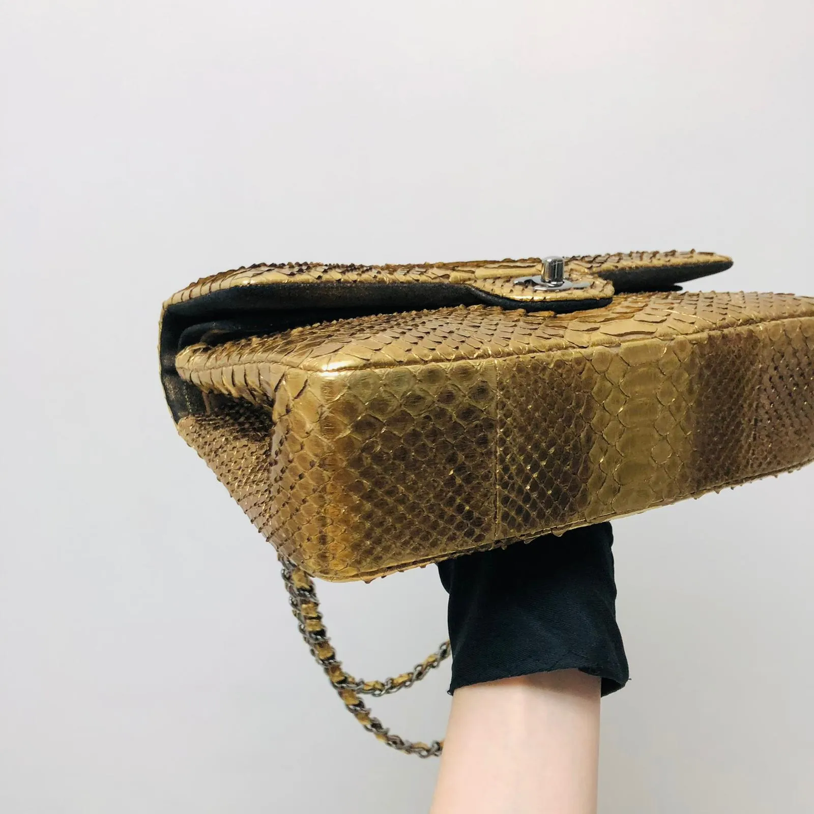 Classic Double Flap Gold M/L Python Bag with RHW