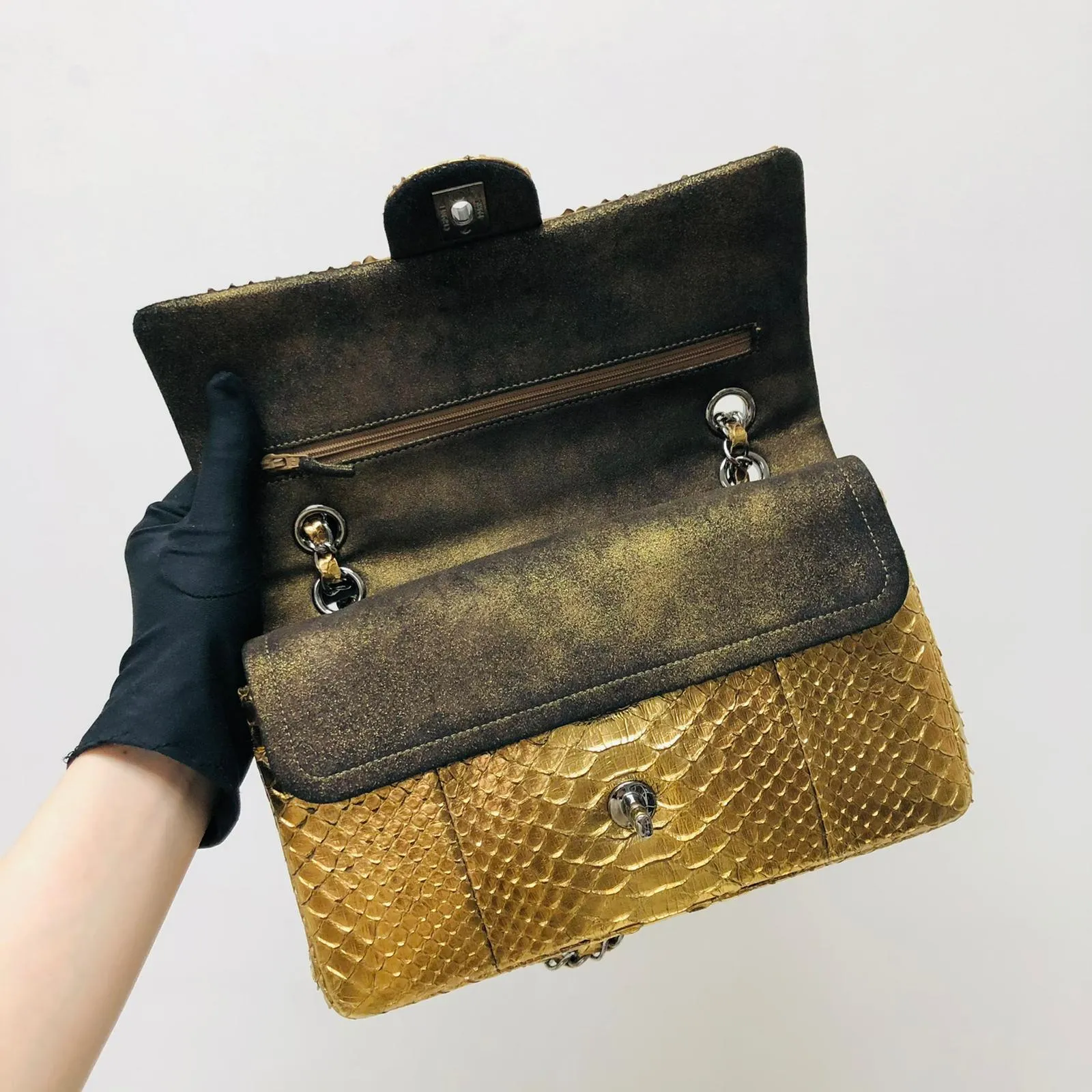 Classic Double Flap Gold M/L Python Bag with RHW