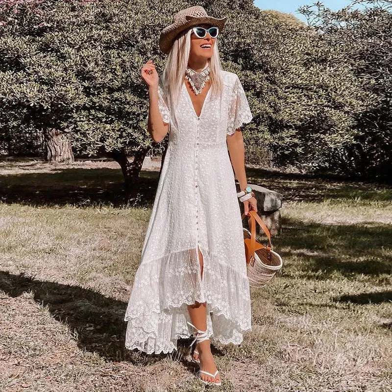 DressBetty - 2024 Bohemian Spaghetti Strap Floral Lace Beach Maxi Dress