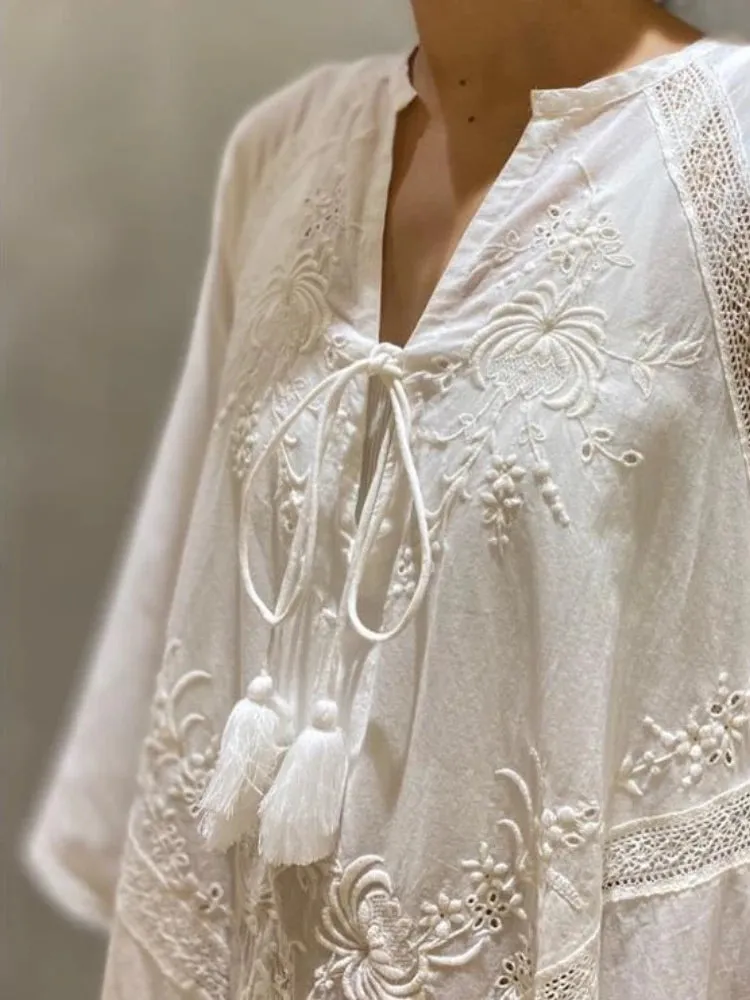 DressBetty - 2024 Elegant Embroidered White Lace V-Neck Boho Dress