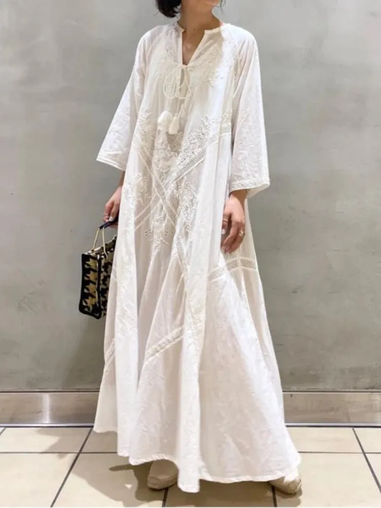 DressBetty - 2024 Elegant Embroidered White Lace V-Neck Boho Dress