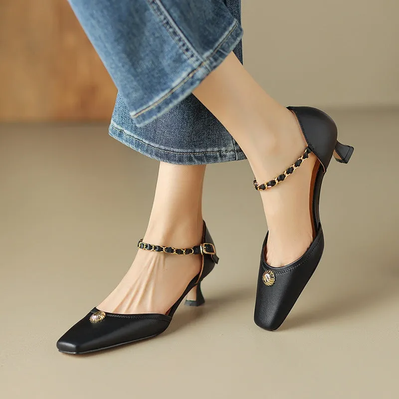 Elegant Genuine Leather Low Heel Triple-Strap Mary Jane Shoes With Buckle Detail