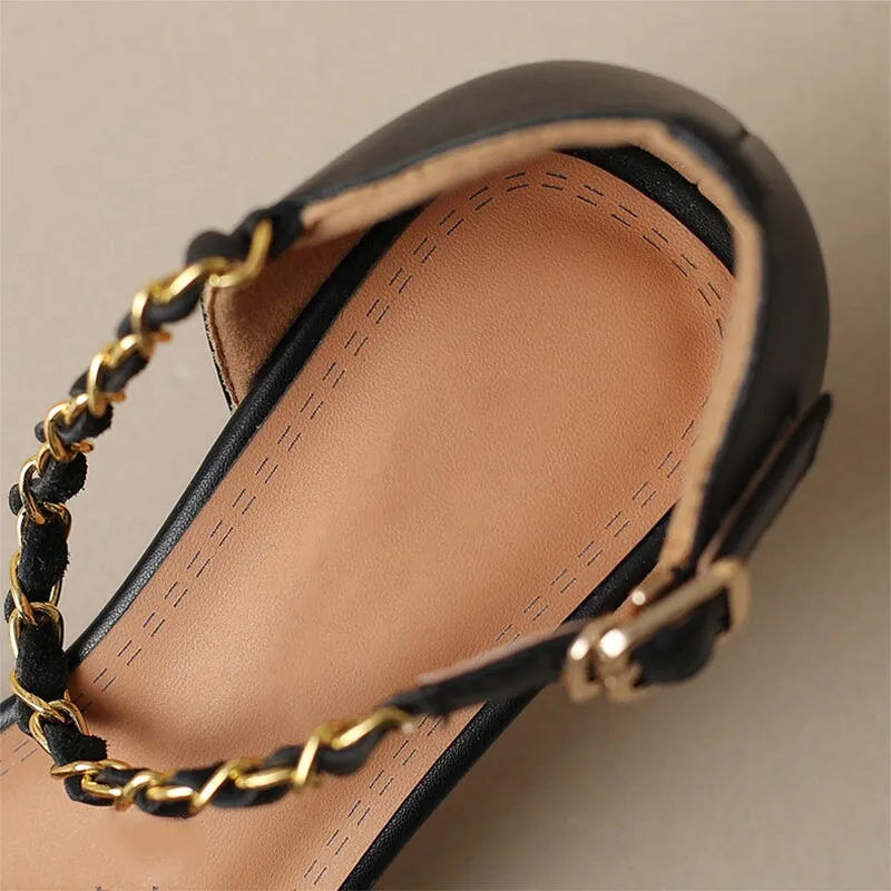 Elegant Genuine Leather Low Heel Triple-Strap Mary Jane Shoes With Buckle Detail