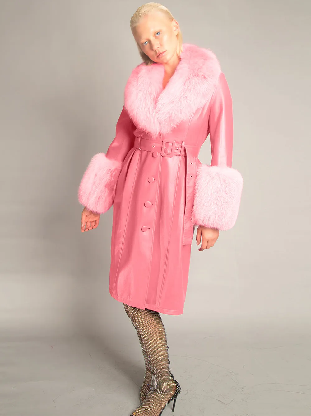 Foxy Leather Coat w/ Fox Fur In Rose Pink