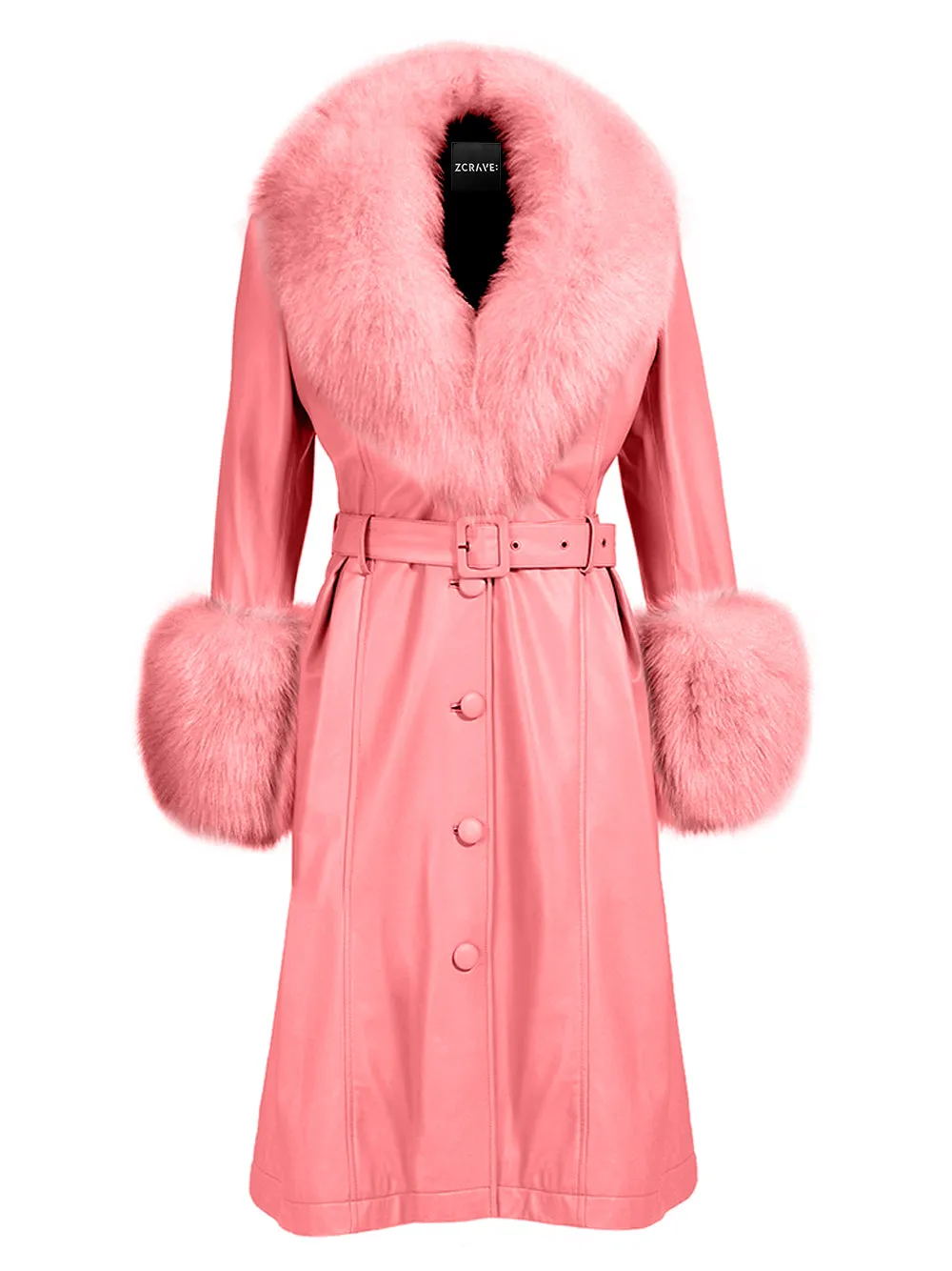 Foxy Leather Coat w/ Fox Fur In Rose Pink