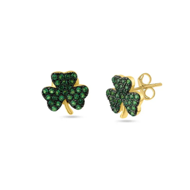 Gold Plated 925 Sterling Silver Mini Green Clover Set with CZ