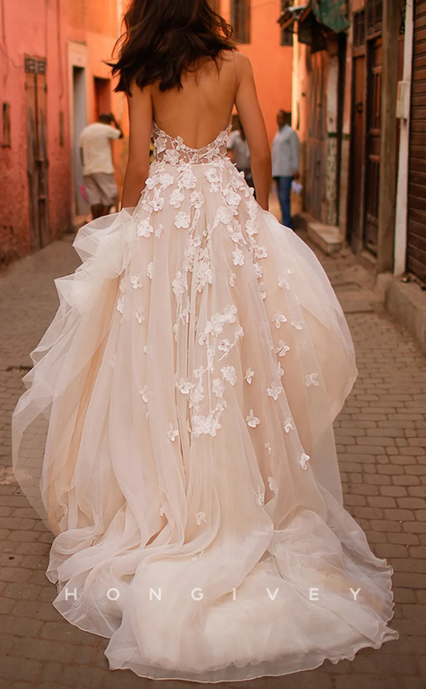 H1099 - Sexy Sweetheart Spaghetti Straps Illusion Floral Embellished With Train Boho Wedding Dress