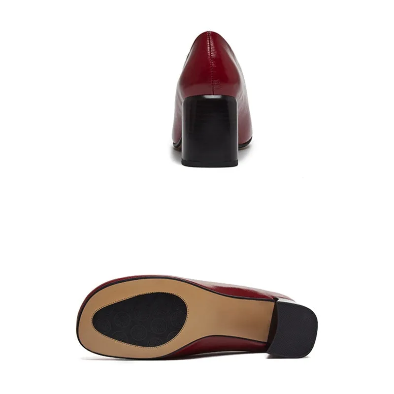 Handmade Leather Block Heel Pumps in Red/Black