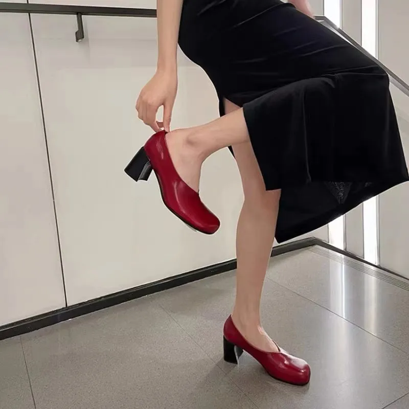 Handmade Leather Block Heel Pumps in Red/Black