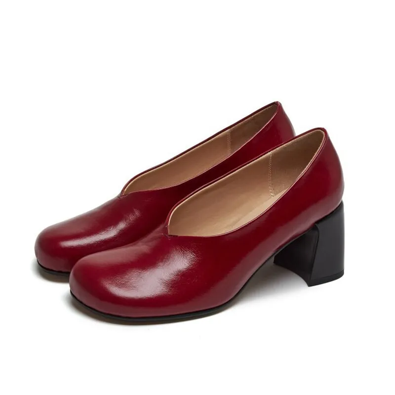 Handmade Leather Block Heel Pumps in Red/Black