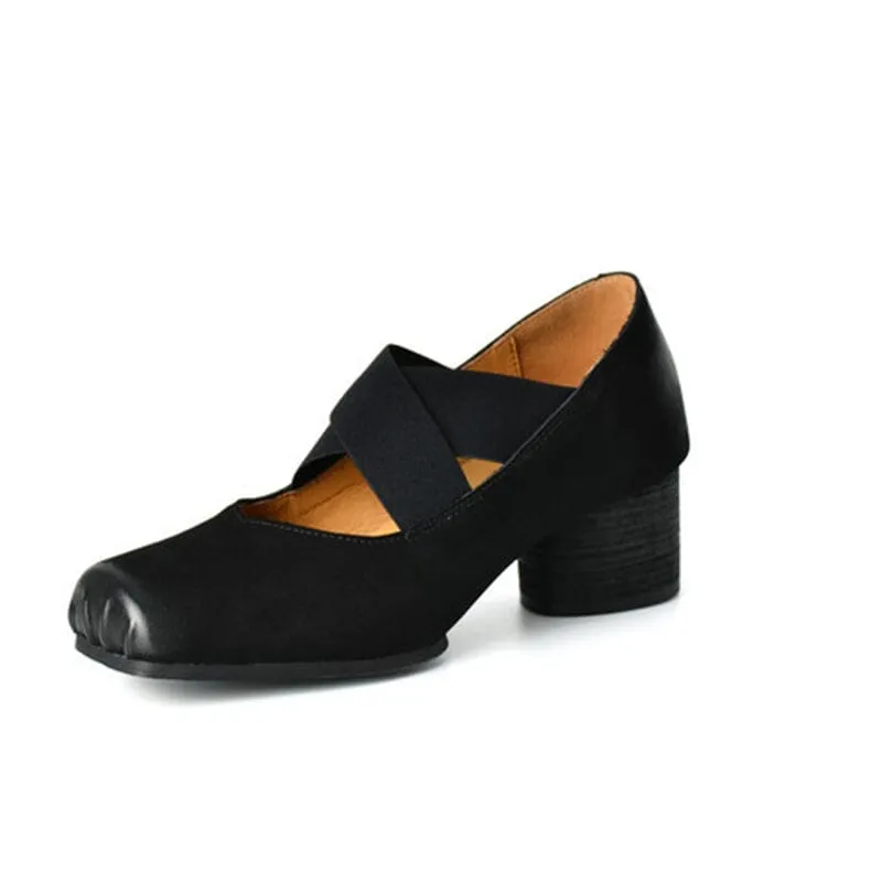 Handmade Leather Cross-Strap Square Toe Pumps in Brown/Black/Apricot