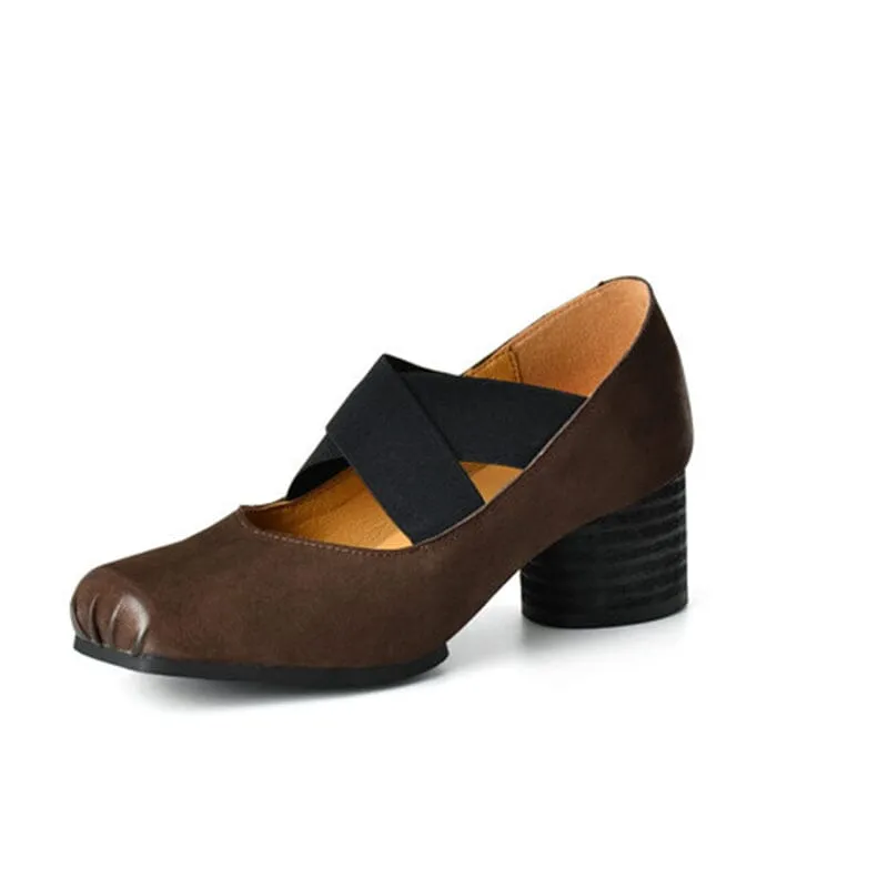 Handmade Leather Cross-Strap Square Toe Pumps in Brown/Black/Apricot