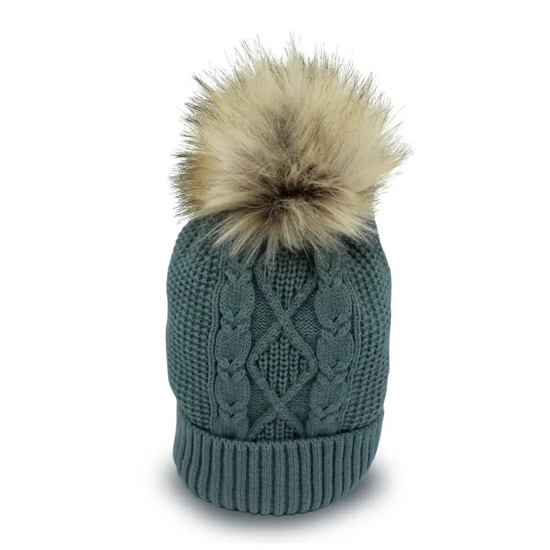 Heather Maddie Beanie Hat with Fur Bobble