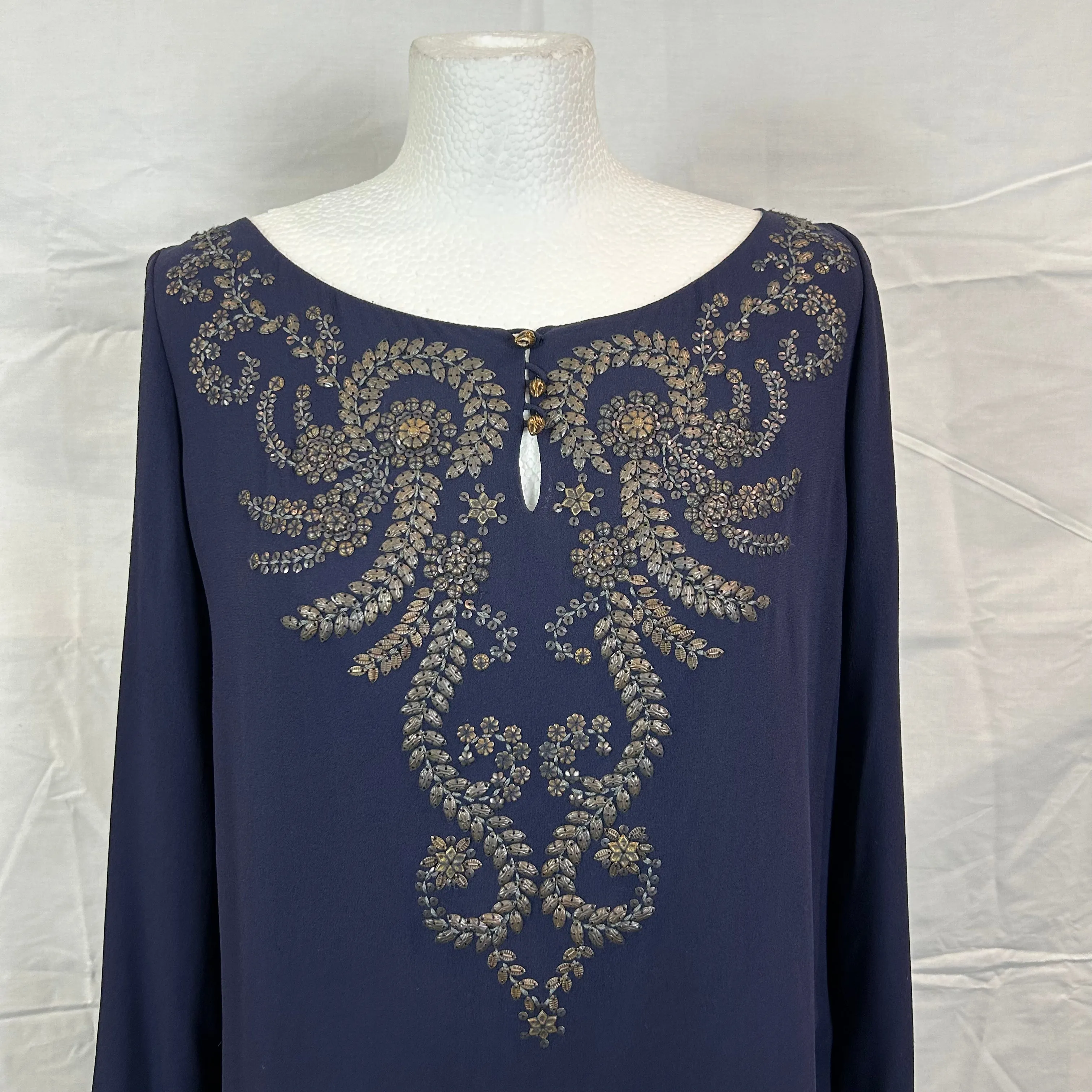 Hermes Navy Embellished Silk Chiffon Tunic Top M