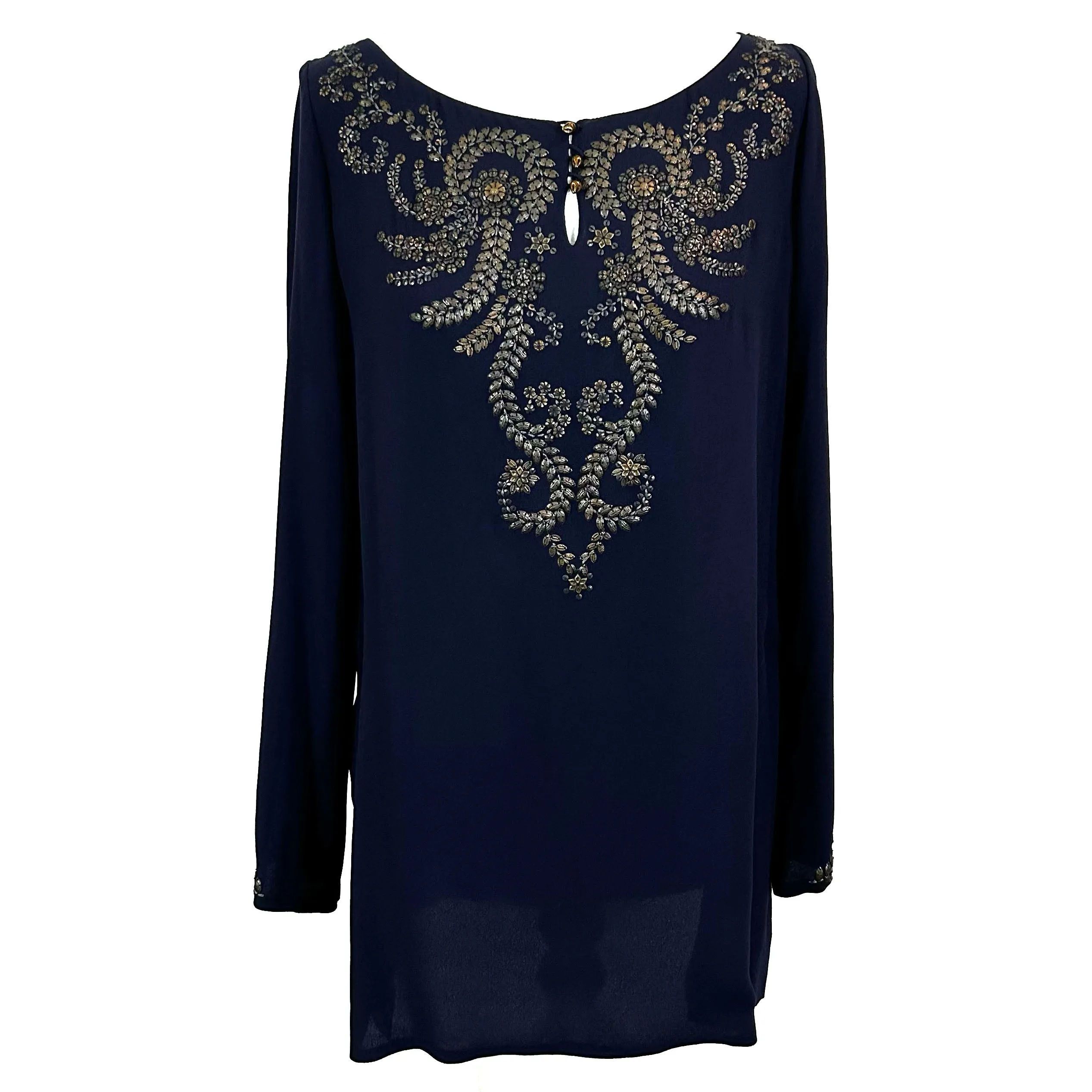 Hermes Navy Embellished Silk Chiffon Tunic Top M