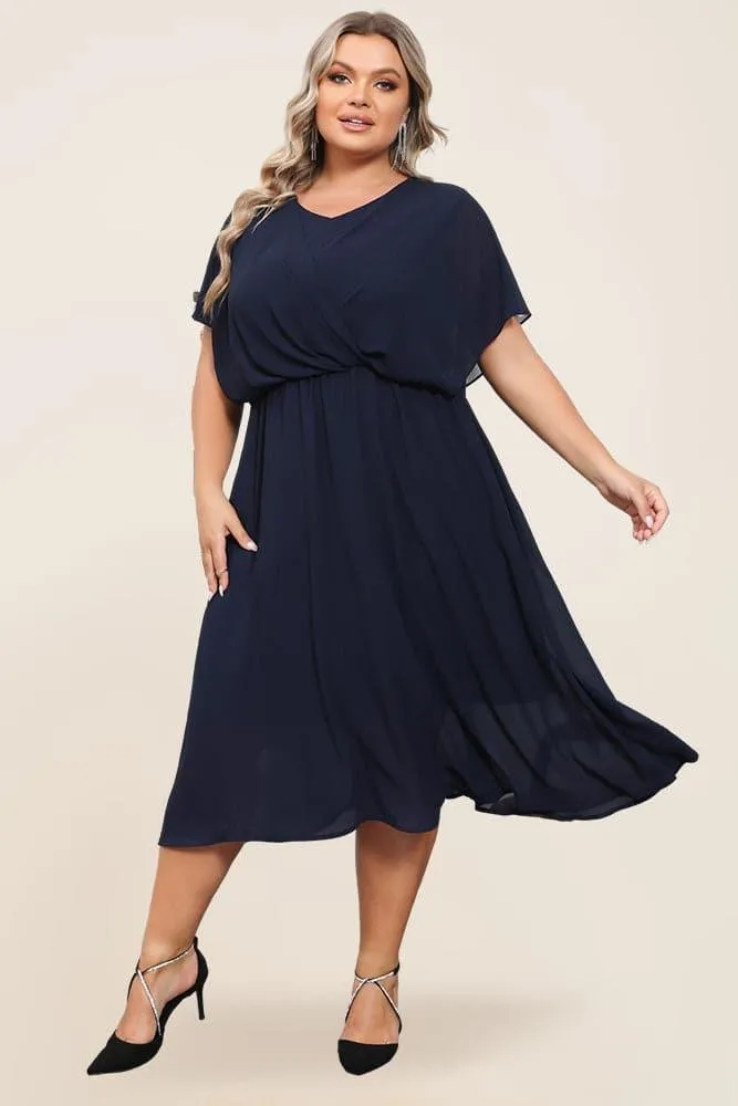 HN Women Plus Size Chiffon Dress Cape Sleeve V-Neck Elastic Waist A-Line Dress