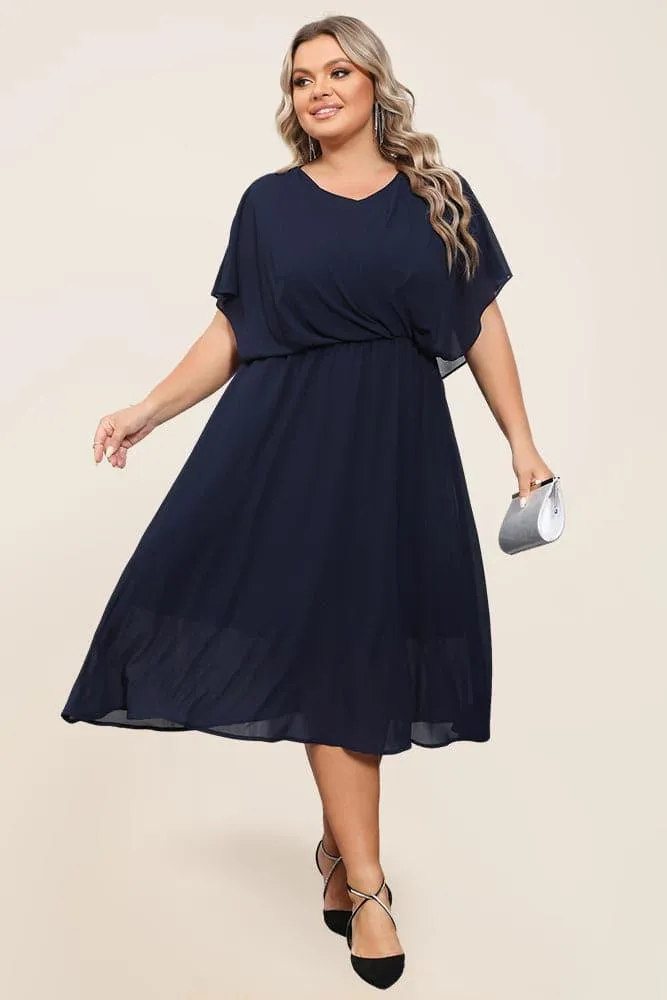 HN Women Plus Size Chiffon Dress Cape Sleeve V-Neck Elastic Waist A-Line Dress