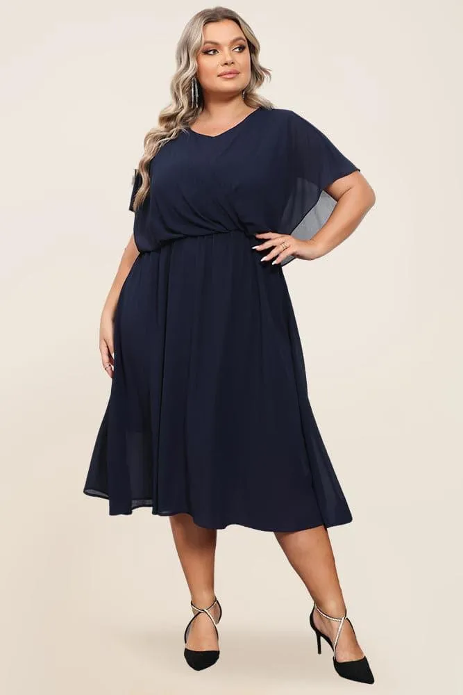 HN Women Plus Size Chiffon Dress Cape Sleeve V-Neck Elastic Waist A-Line Dress