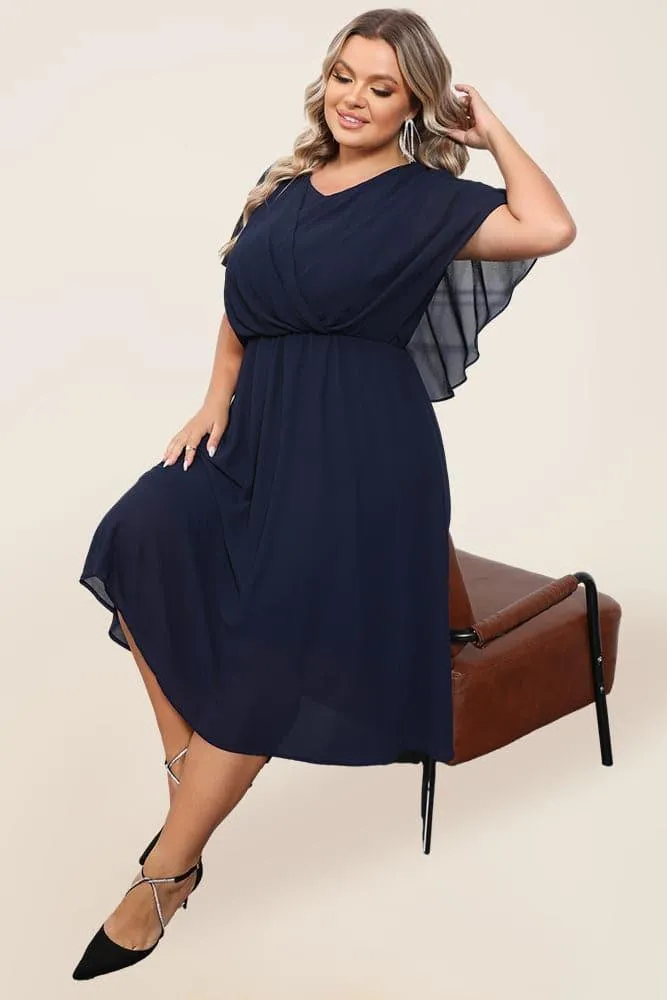 HN Women Plus Size Chiffon Dress Cape Sleeve V-Neck Elastic Waist A-Line Dress