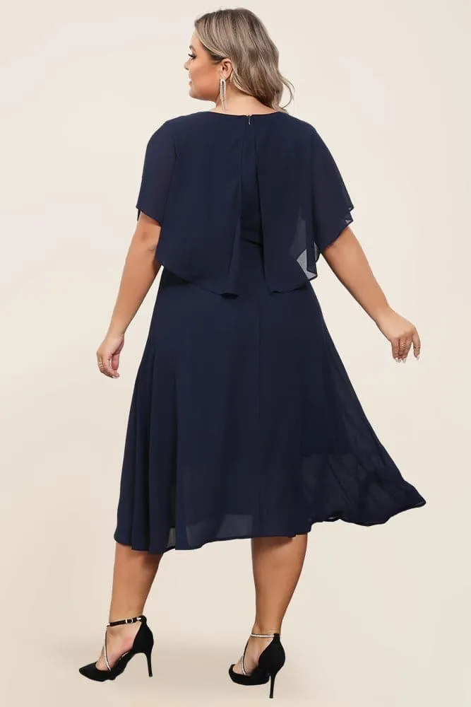 HN Women Plus Size Chiffon Dress Cape Sleeve V-Neck Elastic Waist A-Line Dress