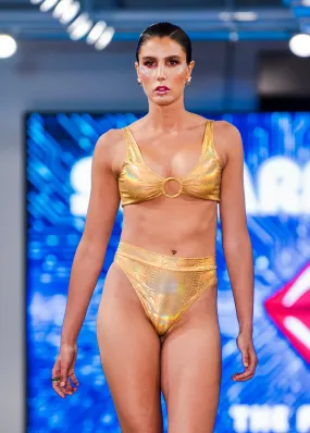 Hologram Bikini Set with Ring Swim Top and Highcut Thong in Gold Snakeskin