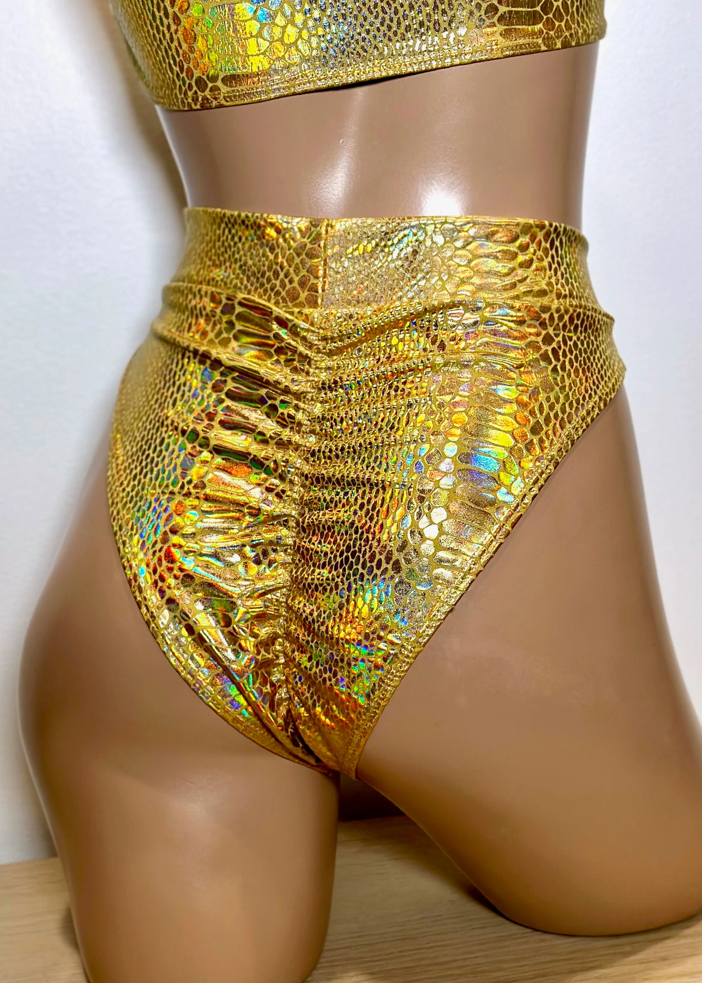 Hologram Highcut Scrunchback Bottoms in Gold Snakeskin