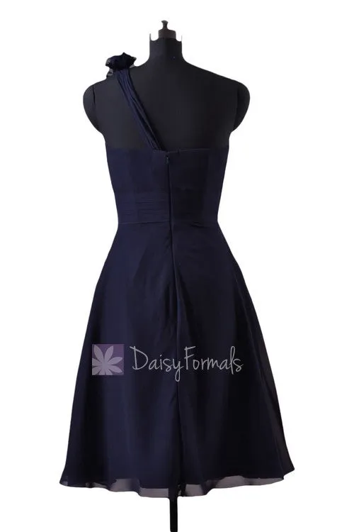 In stock,Ready to Ship - Short One Shoulder Navy Bridesmaid Dress(BM10358) - (#35 Navy, Sz6)