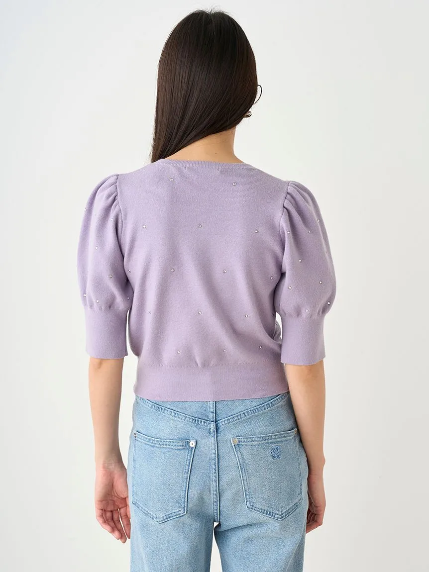 Knit Button-Up Blouse with Puff Sleeves