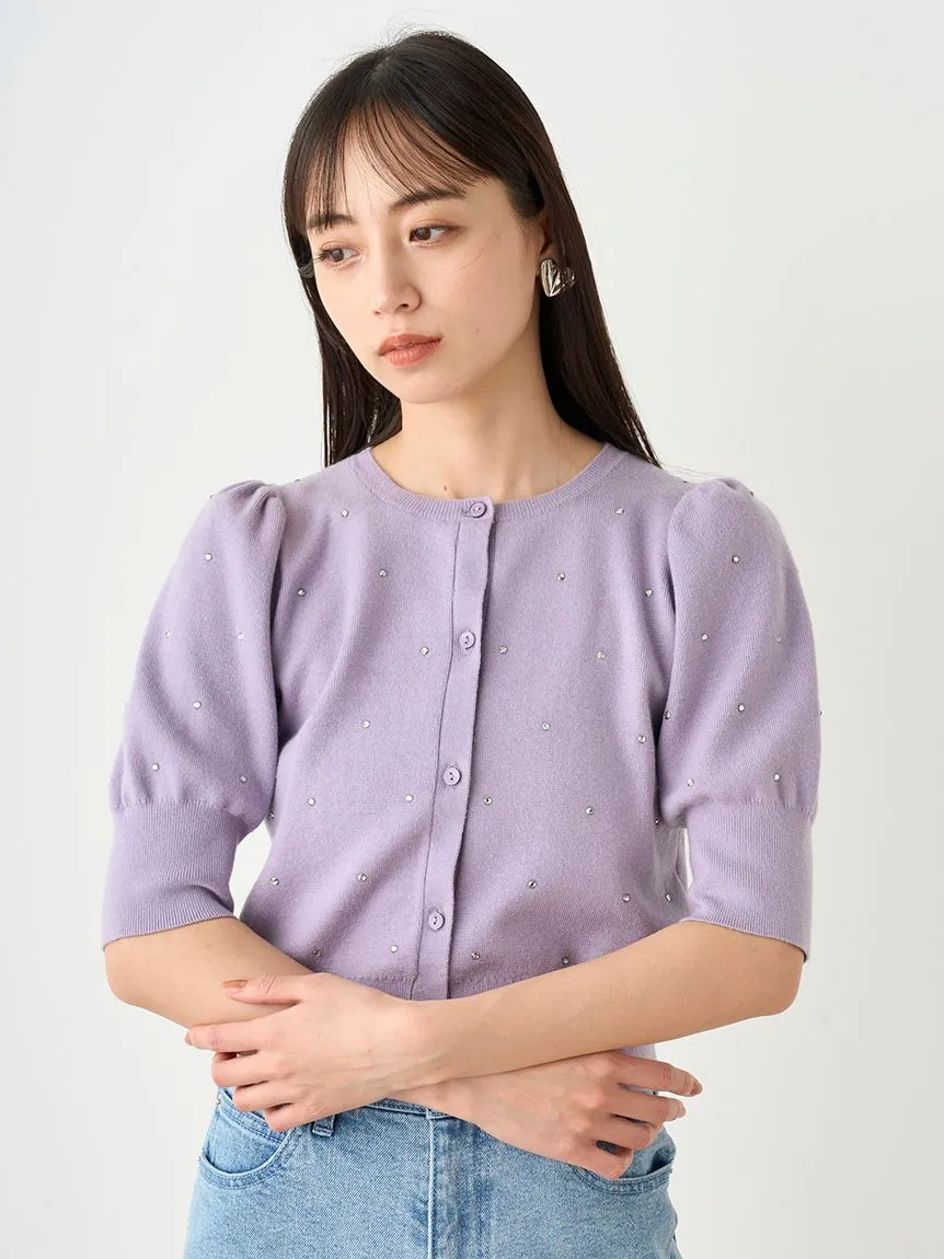 Knit Button-Up Blouse with Puff Sleeves