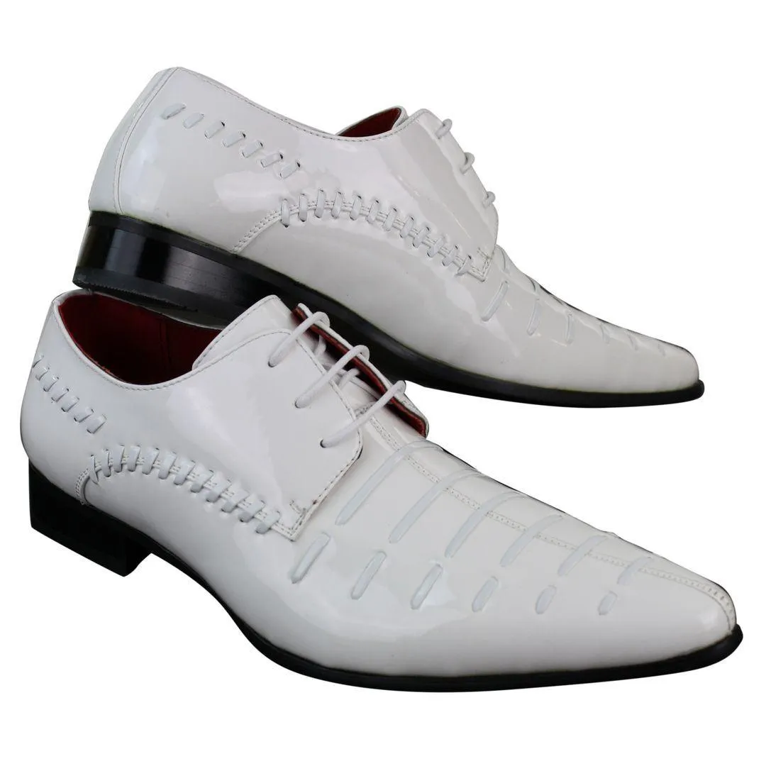 Mens Italian Design White Laced Leather Shiny Patent Shoes Smart Casual