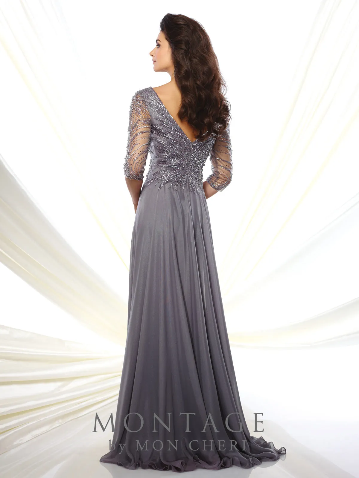 Montage 116950 Beaded Chiffon A-Line Gown with Fully beaded 3/4 sleeve and V-Neckline