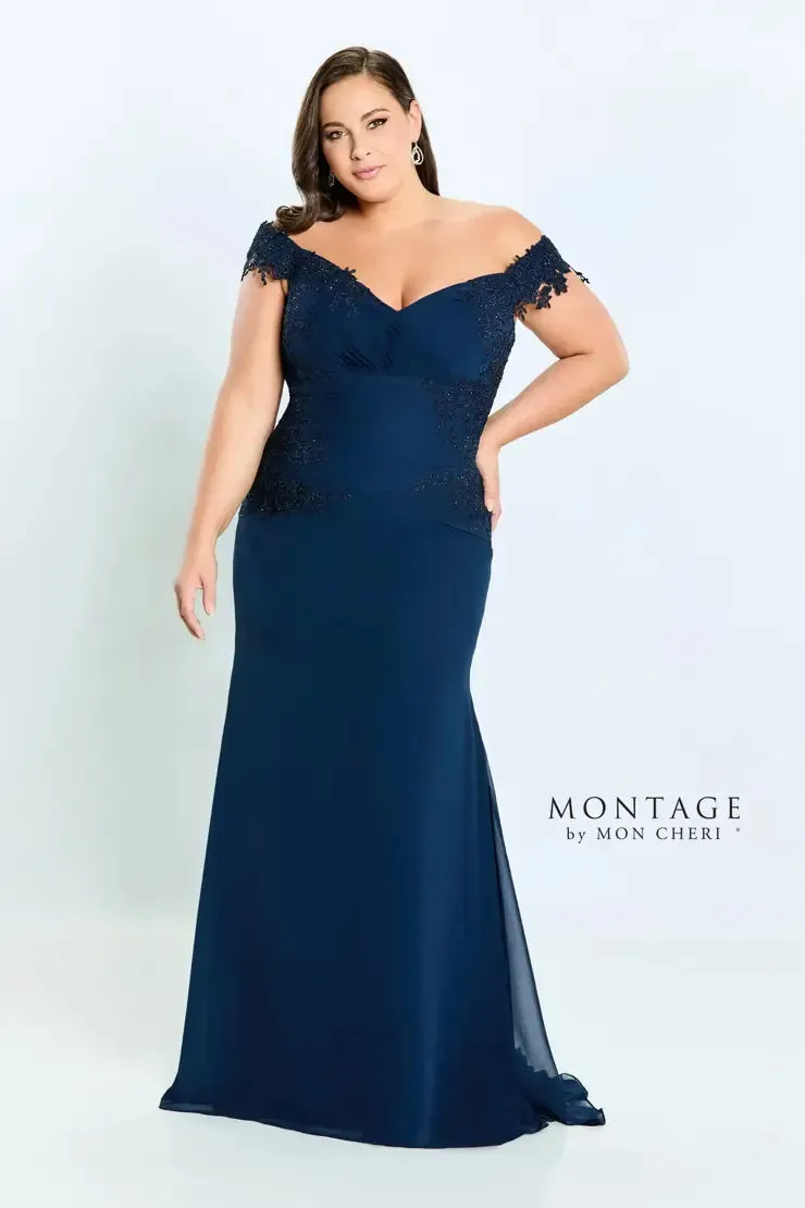 Montage 221964 Rouched Chiffon Off The Shoulder Gown With Lace Applique