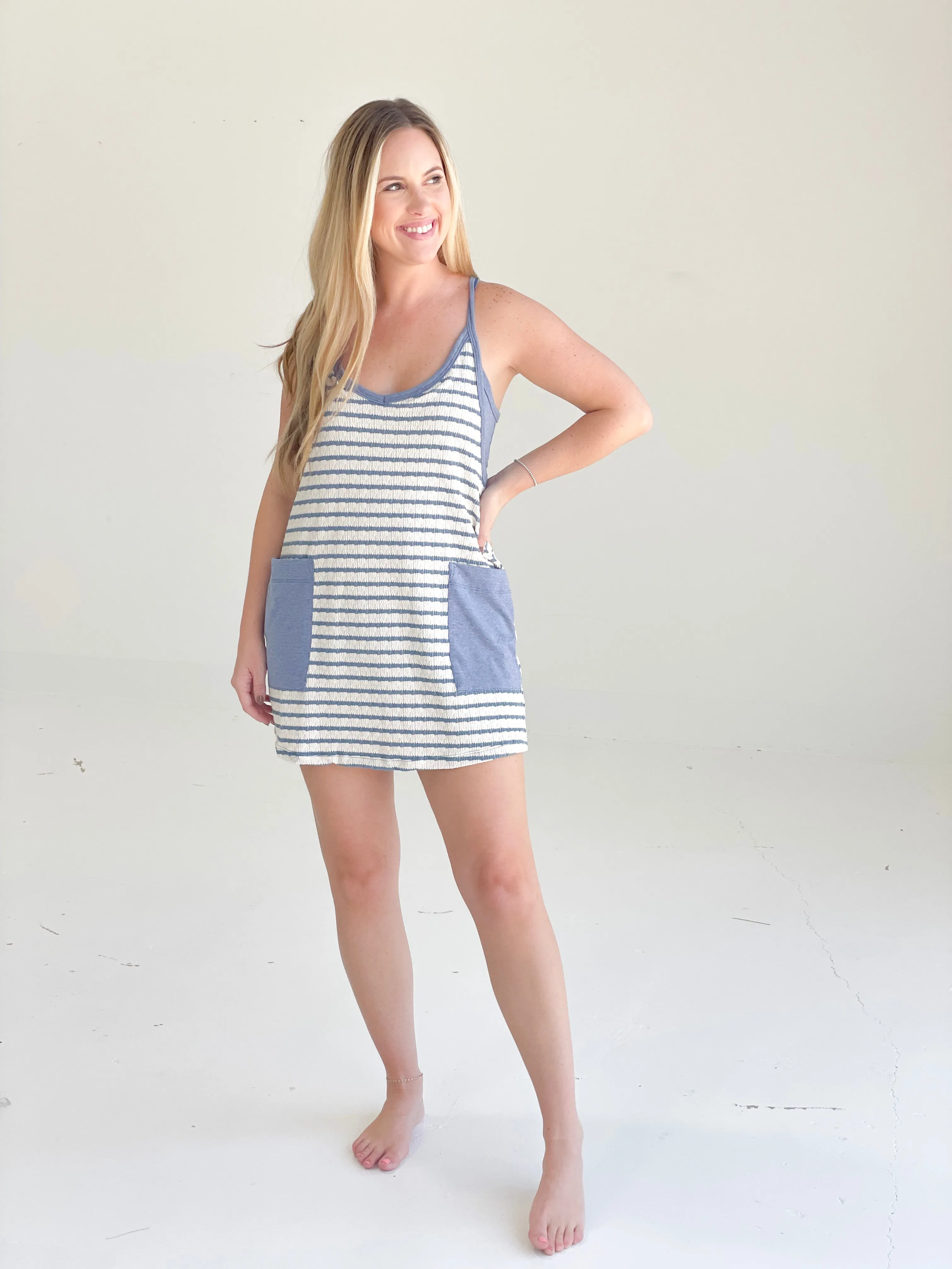 Nothing But Trouble Romper Dress - Blue