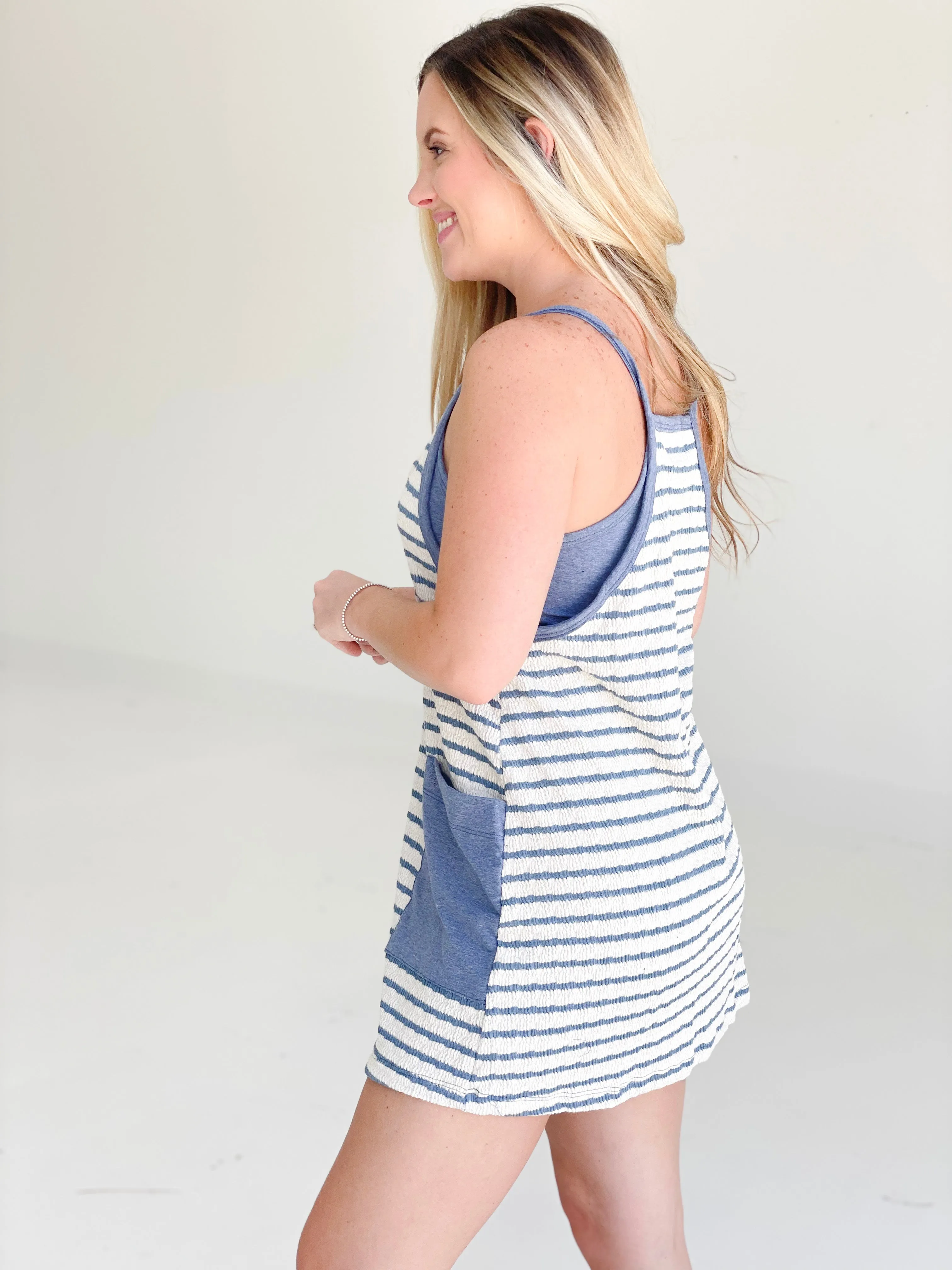 Nothing But Trouble Romper Dress - Blue