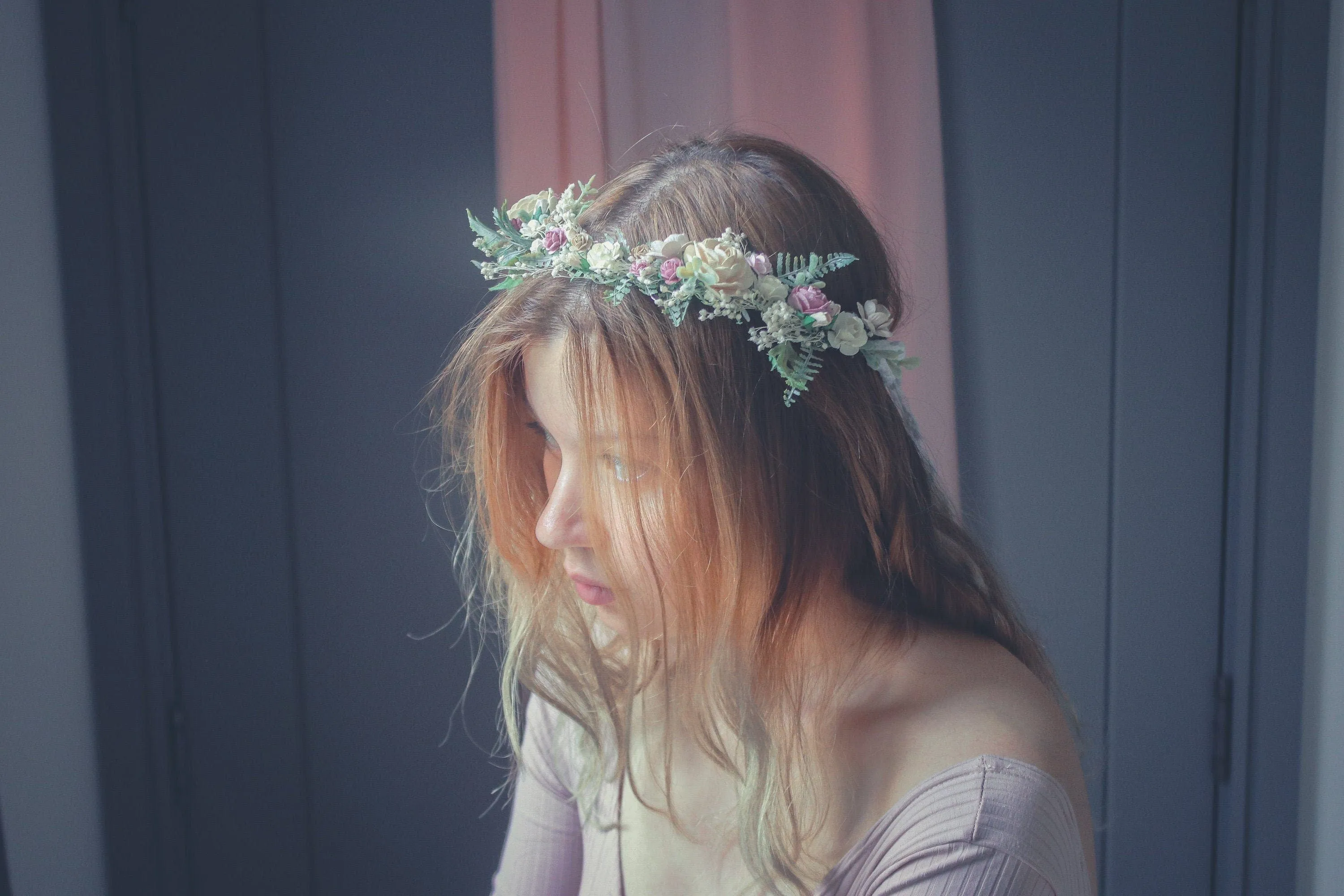 Pastel Pink Dainty Flower Crown, Lace Fabric Ribbon, Mullberry Paper Roses,Peony Crown, Blush Pink & Cream Roses