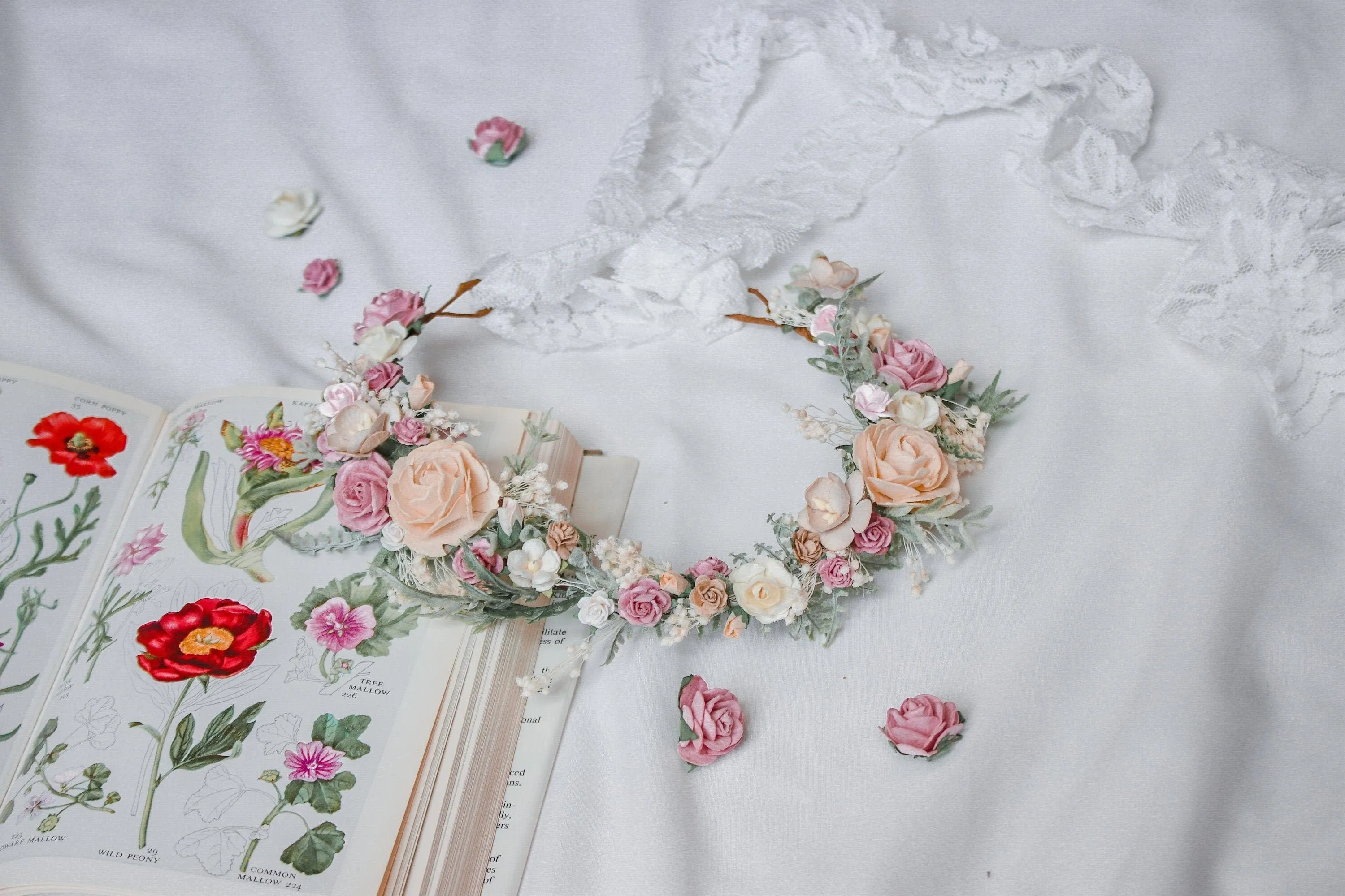 Pastel Pink Dainty Flower Crown, Lace Fabric Ribbon, Mullberry Paper Roses,Peony Crown, Blush Pink & Cream Roses