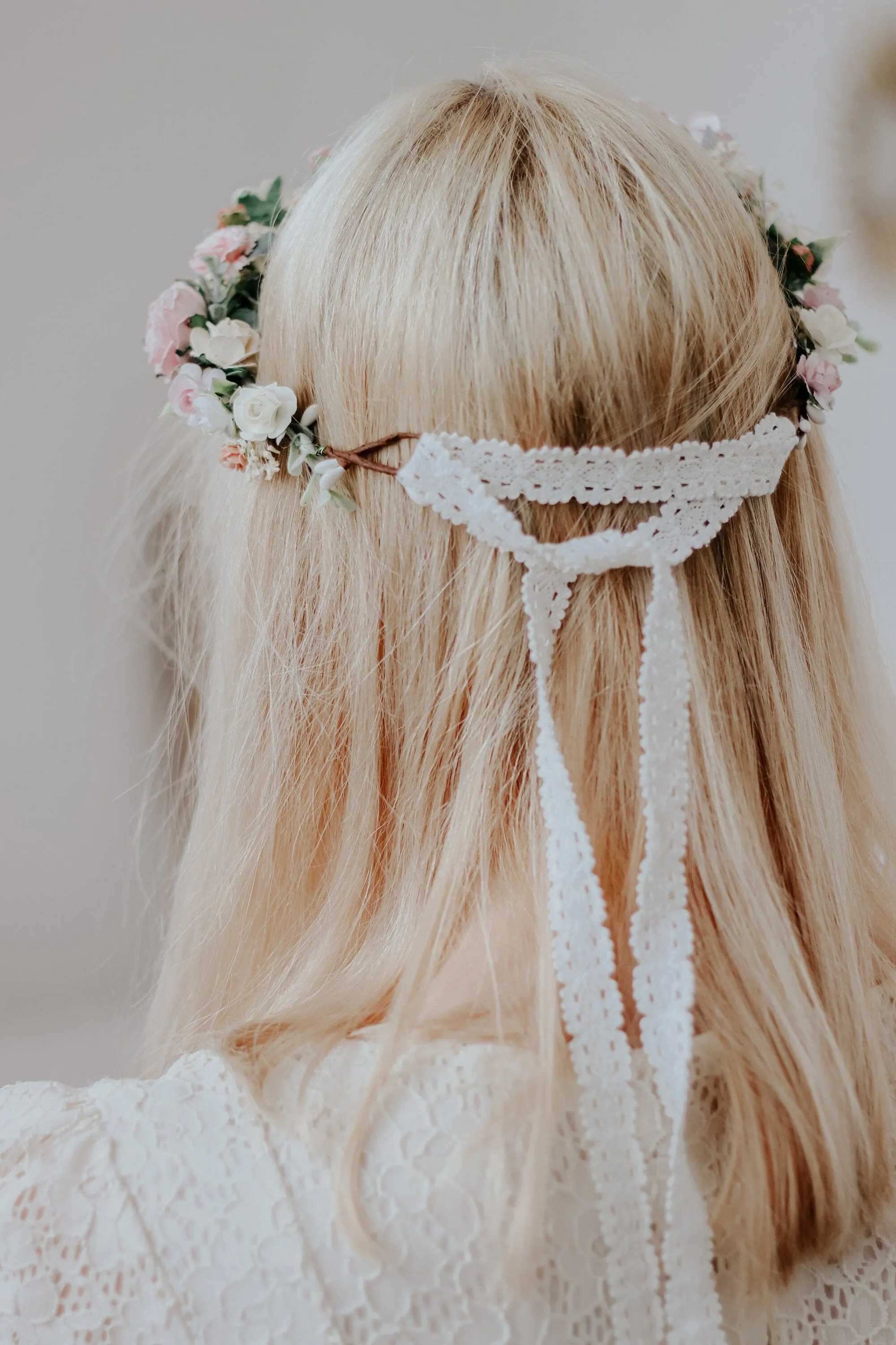 Pastel Pink Dainty Flower Crown, Lace Fabric Ribbon, Mullberry Paper Roses,Peony Crown, Blush Pink & Cream Roses