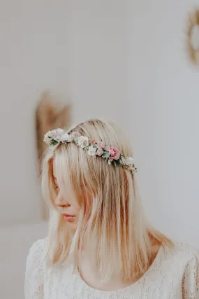 Pastel Pink Dainty Flower Crown, Lace Fabric Ribbon, Mullberry Paper Roses,Peony Crown, Blush Pink & Cream Roses