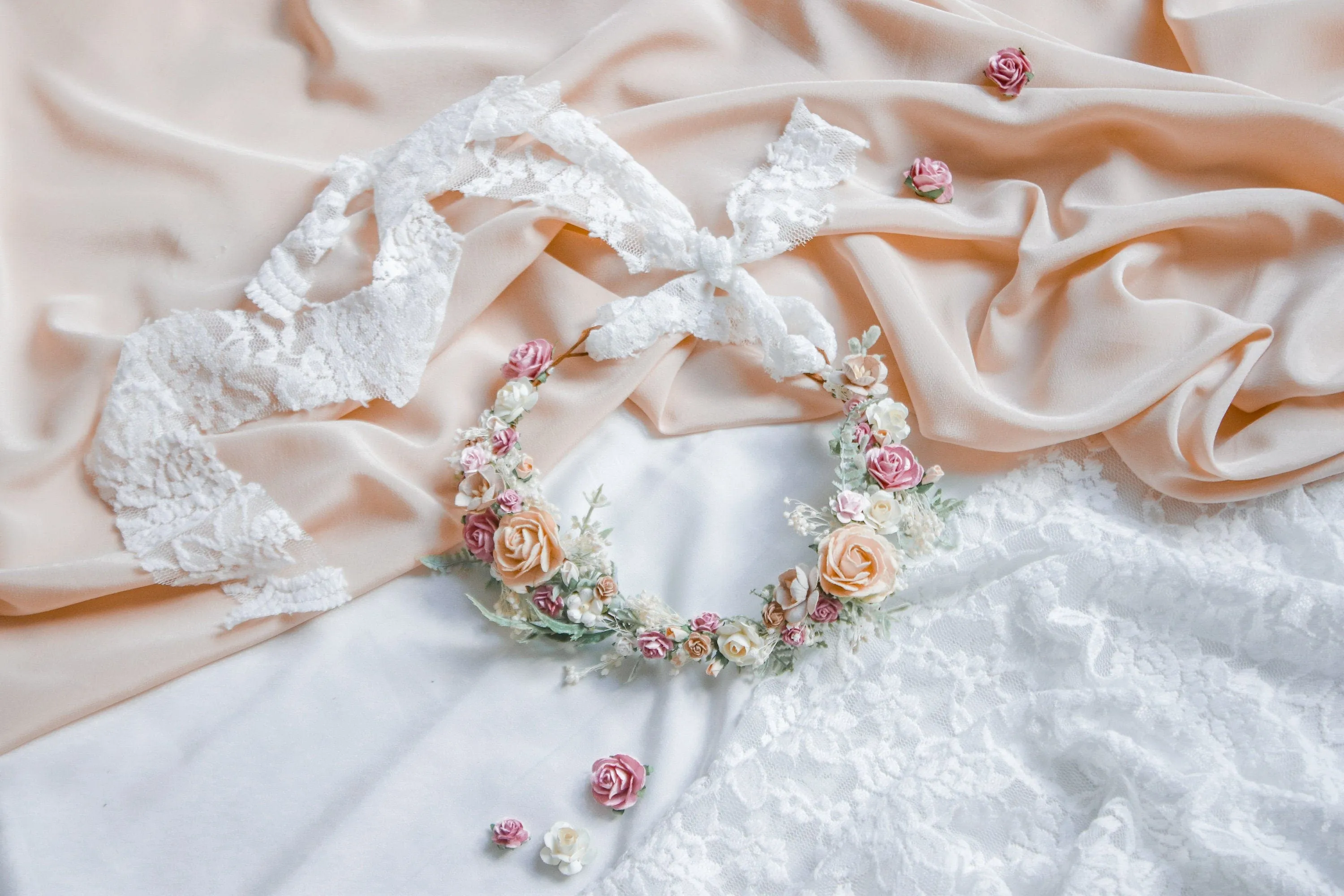 Pastel Pink Dainty Flower Crown, Lace Fabric Ribbon, Mullberry Paper Roses,Peony Crown, Blush Pink & Cream Roses