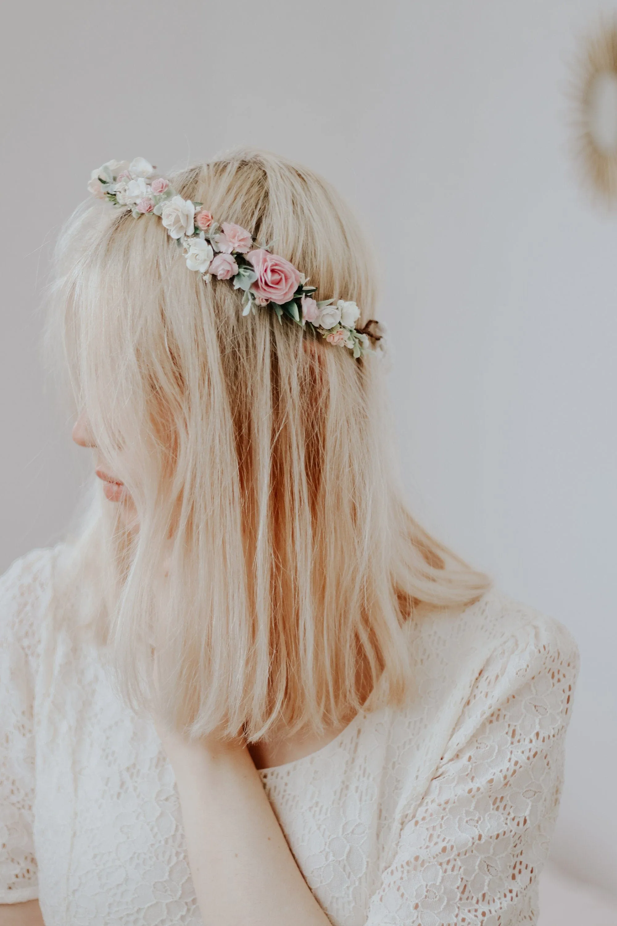 Pastel Pink Dainty Flower Crown, Lace Fabric Ribbon, Mullberry Paper Roses,Peony Crown, Blush Pink & Cream Roses