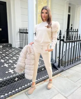 Premium Light Beige Faux Fur Hooded Tracksuit