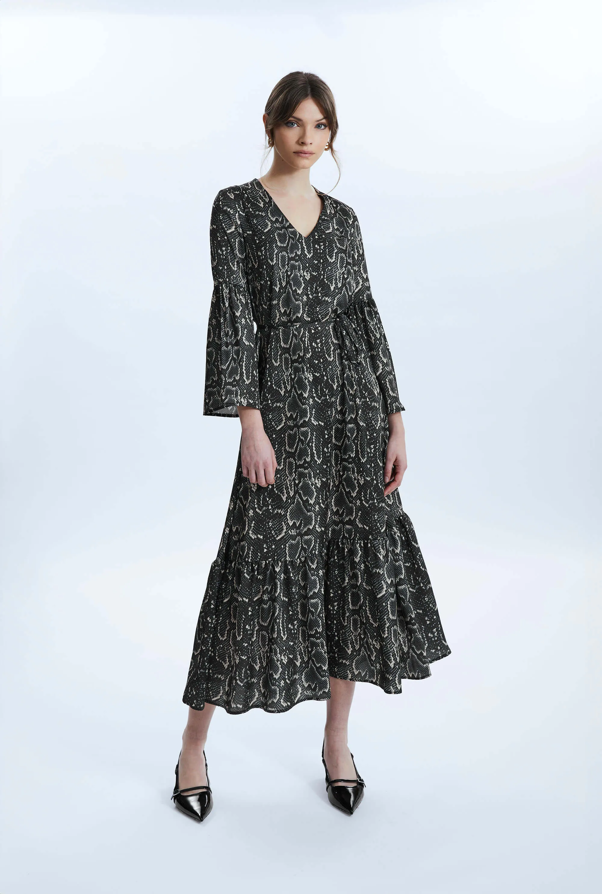 Python Print Belted Dress Black-Beige