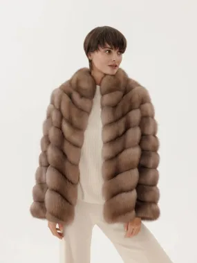 Short marten fur coat with stand-up collar