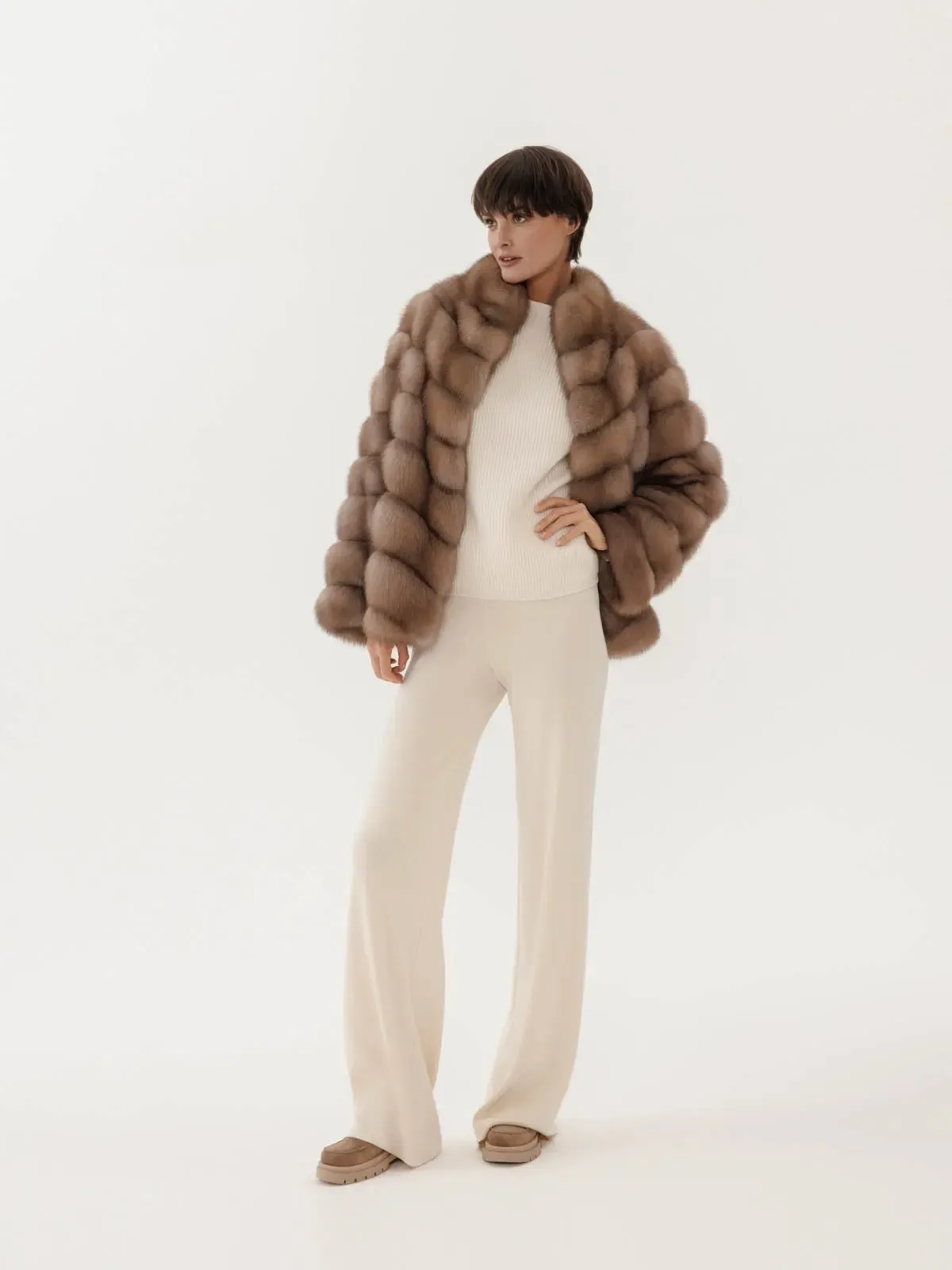 Short marten fur coat with stand-up collar