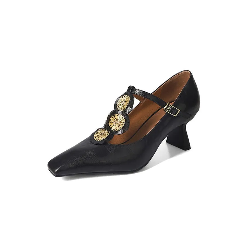 T Strap Mary Jane Shoes 60mm Block Heel Retro Style in Black/Brown/Golden/Coffee