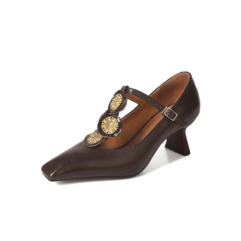 T Strap Mary Jane Shoes 60mm Block Heel Retro Style in Black/Brown/Golden/Coffee