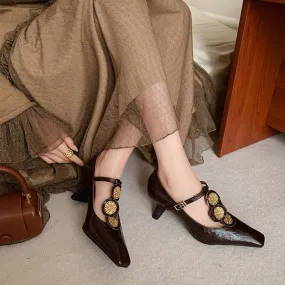 T Strap Mary Jane Shoes 60mm Block Heel Retro Style in Black/Brown/Golden/Coffee