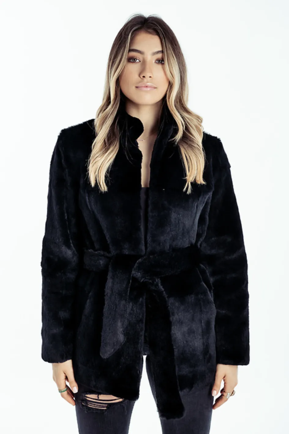 Taitum Long Tie Jacket Black Faux Fur