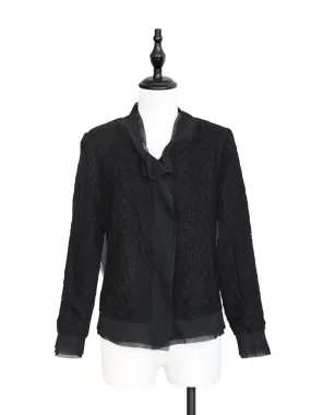 Tonal Black Chiffon Trimmed Open Front Bouclè Tweed Jacket